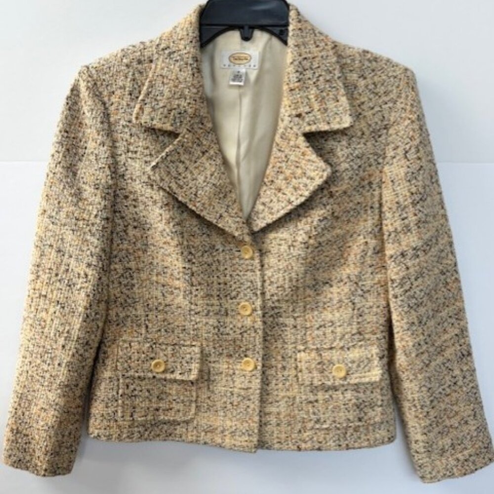 Talbots 8P Petite Wool Blend Italian Fabric Tweed Blazer Jacket Beige Gold Fall